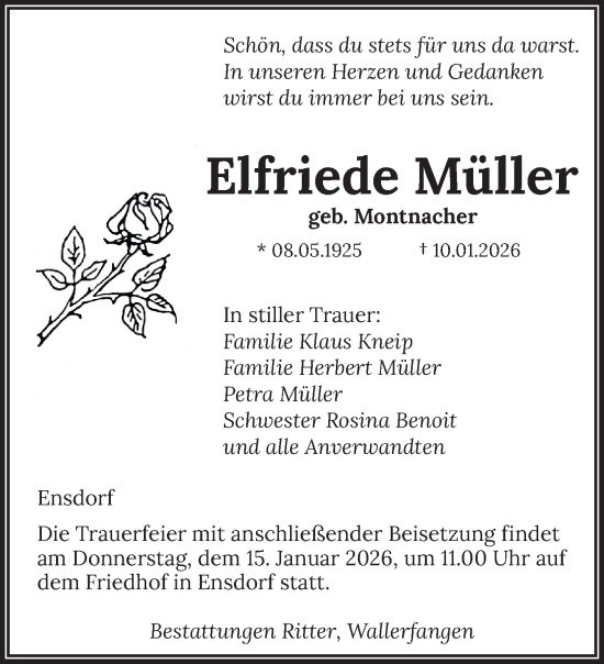 Traueranzeige von Elfriede Müller von saarbruecker_zeitung