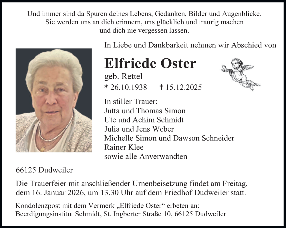  Traueranzeige für Elfriede Oster vom 03.01.2026 aus saarbruecker_zeitung