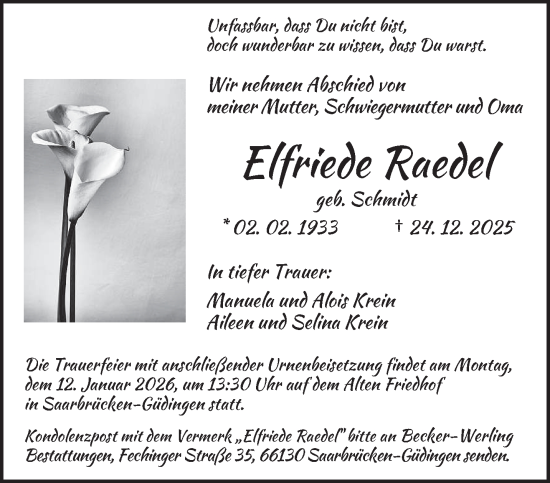 Traueranzeige von Elfriede Raedel von saarbruecker_zeitung