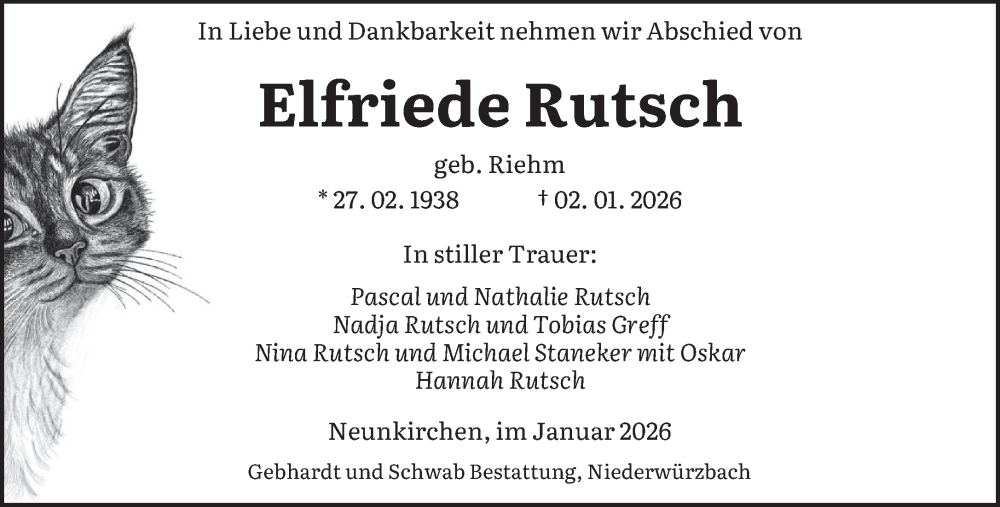  Traueranzeige für Elfriede Rutsch vom 17.01.2026 aus saarbruecker_zeitung