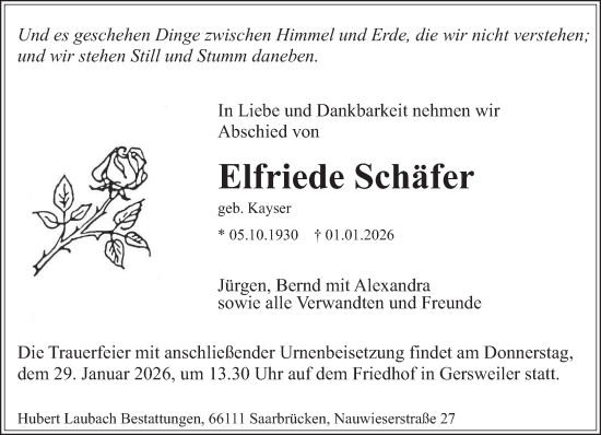 Traueranzeige von Elfriede Schäfer von saarbruecker_zeitung