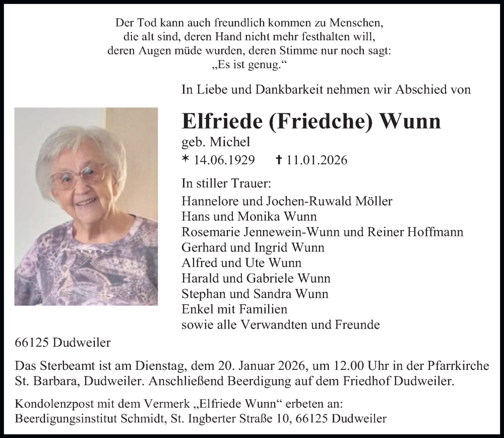  Traueranzeige für Elfriede Wunn vom 17.01.2026 aus saarbruecker_zeitung