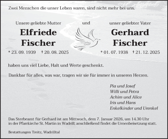 Traueranzeige von Elfriede und Gerhard Fischer von saarbruecker_zeitung