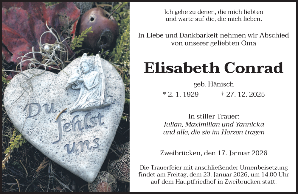  Traueranzeige für Elisabeth Conrad vom 17.01.2026 aus saarbruecker_zeitung
