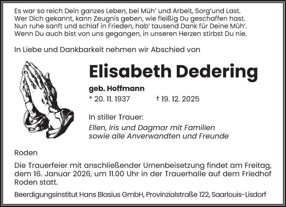 Traueranzeige für Elisabeth Dedering vom 10.01.2026 aus saarbruecker_zeitung