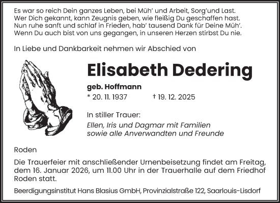 Traueranzeige von Elisabeth Dedering von saarbruecker_zeitung