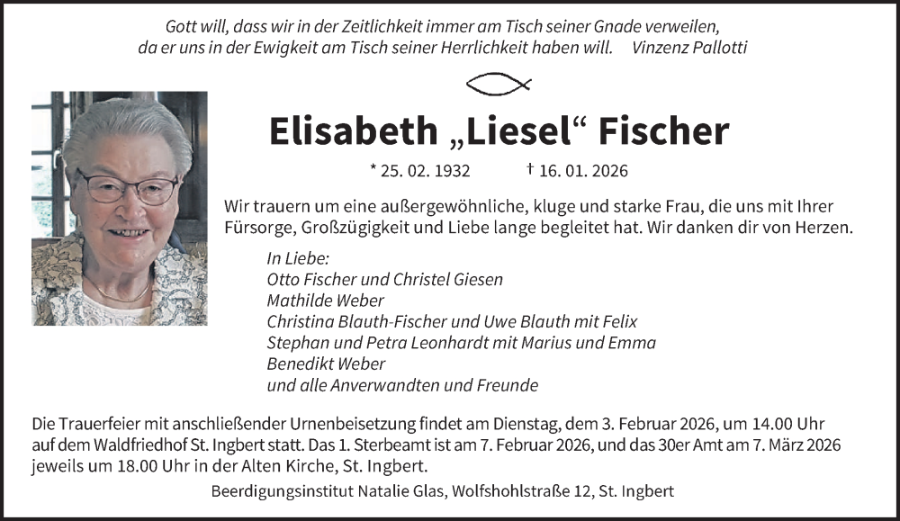  Traueranzeige für Elisabeth Fischer vom 28.01.2026 aus saarbruecker_zeitung
