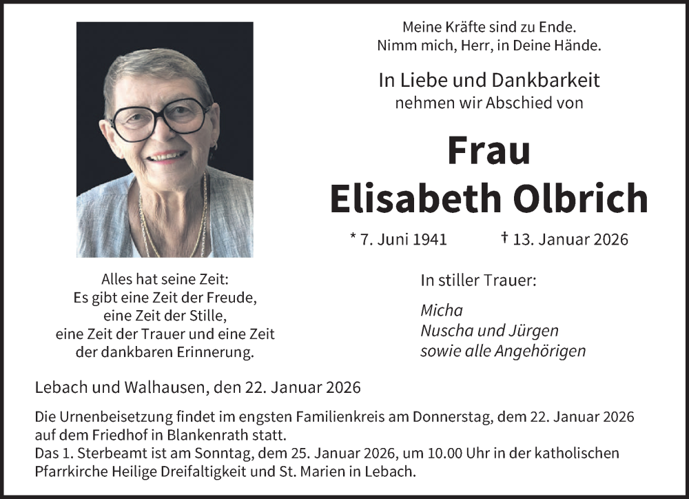  Traueranzeige für Elisabeth Olbrich vom 17.01.2026 aus saarbruecker_zeitung