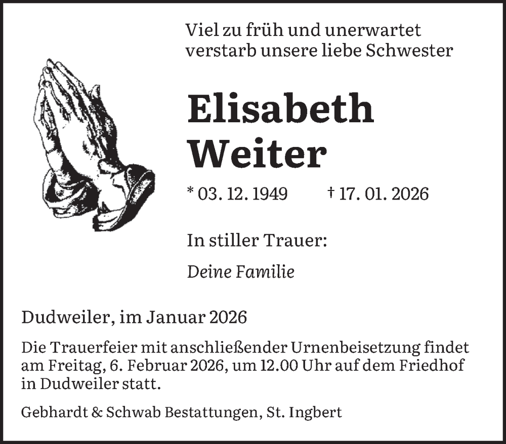  Traueranzeige für Elisabeth Weiter vom 24.01.2026 aus saarbruecker_zeitung