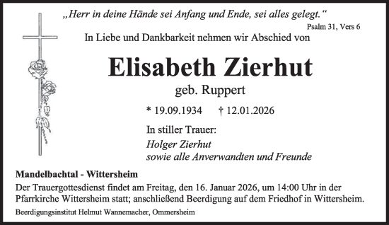 Traueranzeige von Elisabeth Zierhut von saarbruecker_zeitung