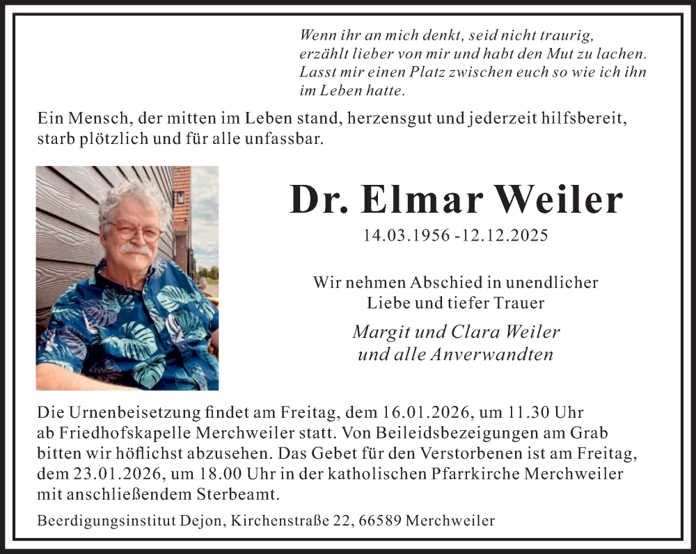  Traueranzeige für Elmar Weiler vom 10.01.2026 aus saarbruecker_zeitung