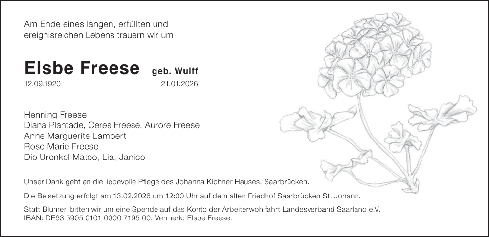  Traueranzeige für Elsbe Freese vom 31.01.2026 aus saarbruecker_zeitung