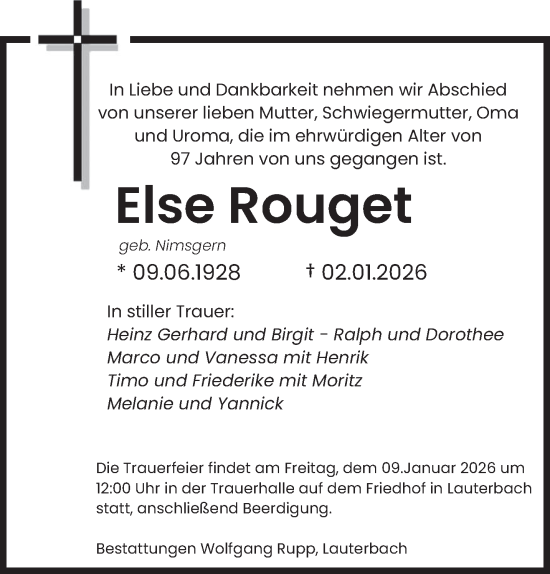 Traueranzeige von Else Rouget von saarbruecker_zeitung