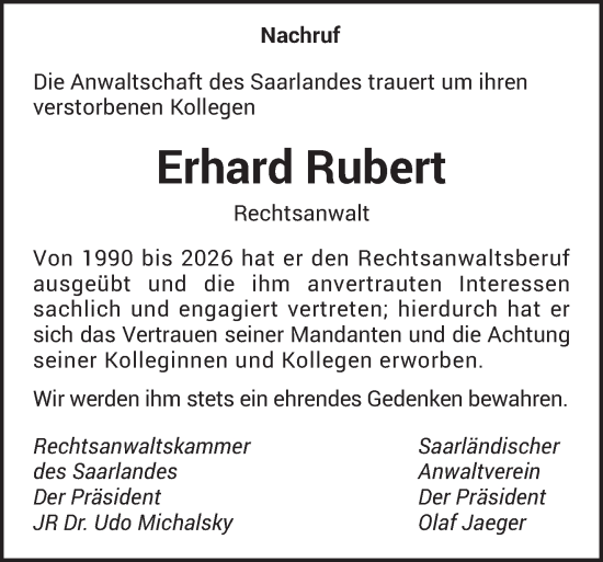 Traueranzeige von Erhard Rubert von saarbruecker_zeitung