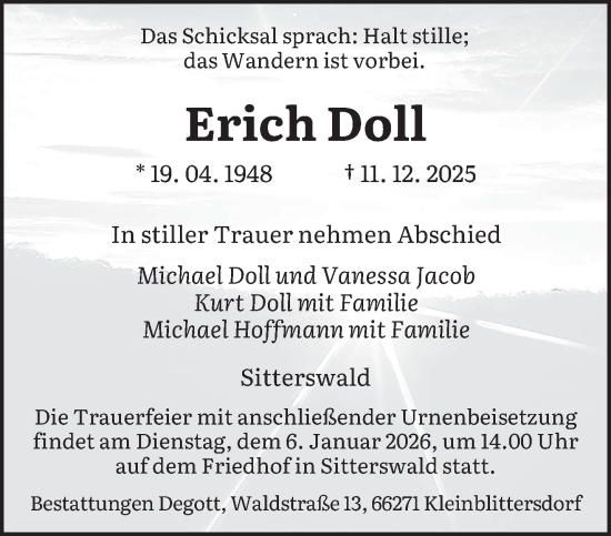 Traueranzeige von Erich Doll von saarbruecker_zeitung