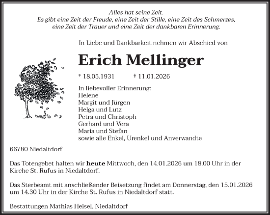 Traueranzeige von Erich Mellinger von saarbruecker_zeitung