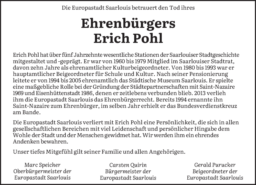  Traueranzeige für Erich Pohl vom 03.01.2026 aus saarbruecker_zeitung