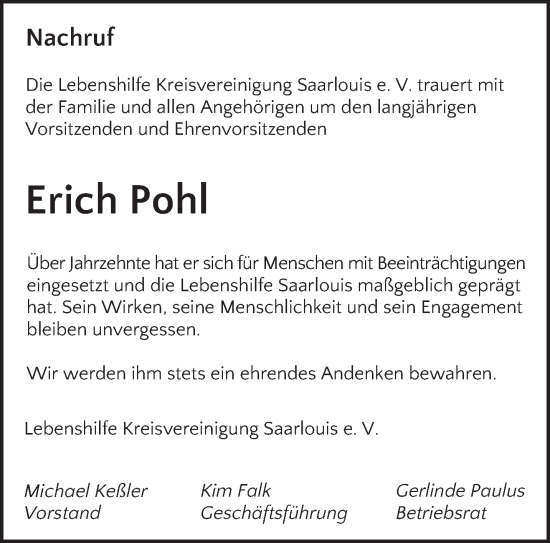 Traueranzeige von Erich Pohl von saarbruecker_zeitung