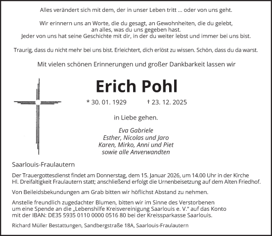Traueranzeige von Erich Pohl von saarbruecker_zeitung