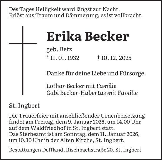 Traueranzeige von Erika Becker von saarbruecker_zeitung