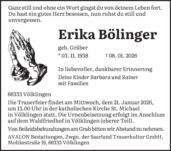 Traueranzeige von Erika Bölinger von saarbruecker_zeitung
