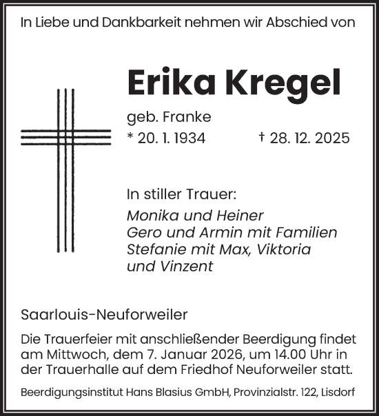 Traueranzeige von Erika Kregel von saarbruecker_zeitung