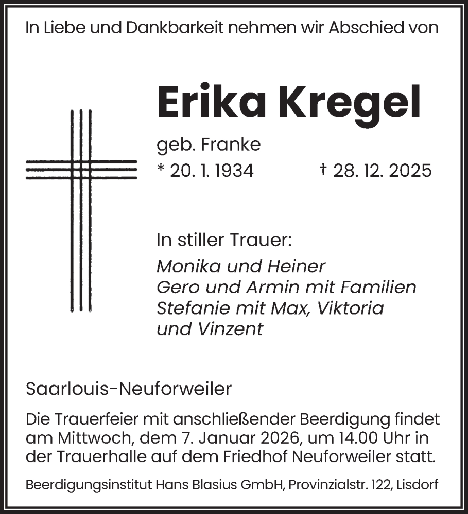  Traueranzeige für Erika Kregel vom 03.01.2026 aus saarbruecker_zeitung