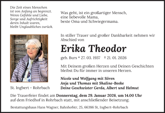 Traueranzeige von Erika Theodor von saarbruecker_zeitung