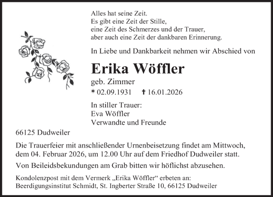 Traueranzeige von Erika Wöffler von saarbruecker_zeitung