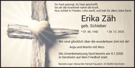 Traueranzeige von Erika Zäh von saarbruecker_zeitung