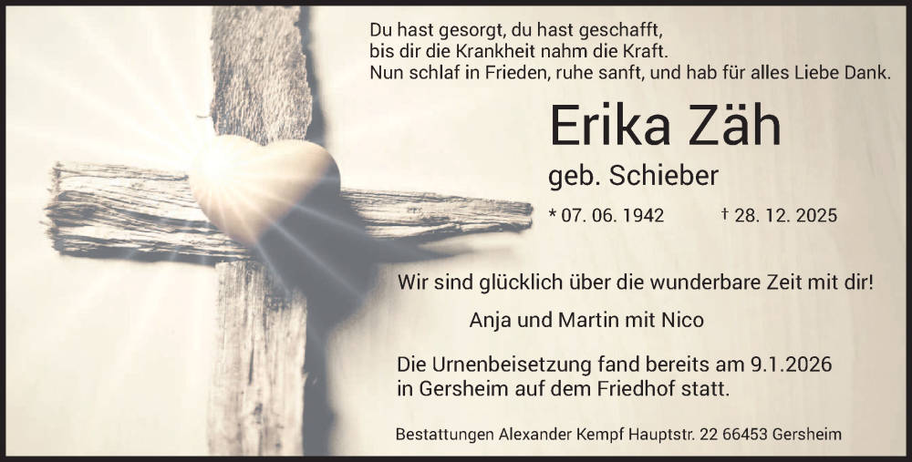  Traueranzeige für Erika Zäh vom 10.01.2026 aus saarbruecker_zeitung