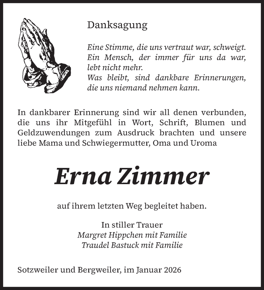  Traueranzeige für Erna Zimmer vom 17.01.2026 aus saarbruecker_zeitung