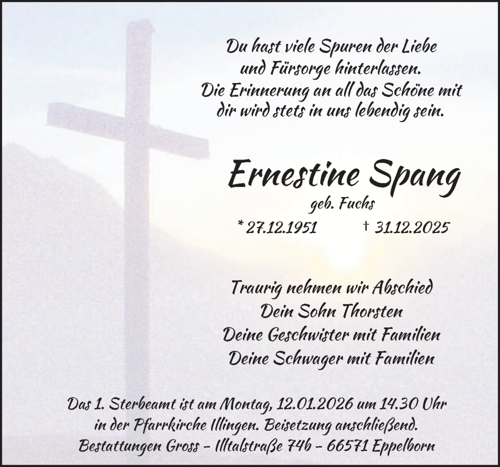 Traueranzeige für Ernestine Spang vom 10.01.2026 aus saarbruecker_zeitung