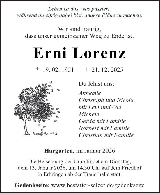 Traueranzeige von Erni Lorenz von saarbruecker_zeitung