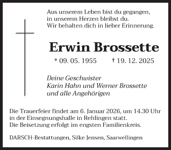 Traueranzeige von Erwin Brossette von saarbruecker_zeitung