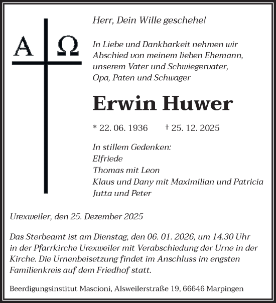 Traueranzeige von Erwin Huwer von saarbruecker_zeitung
