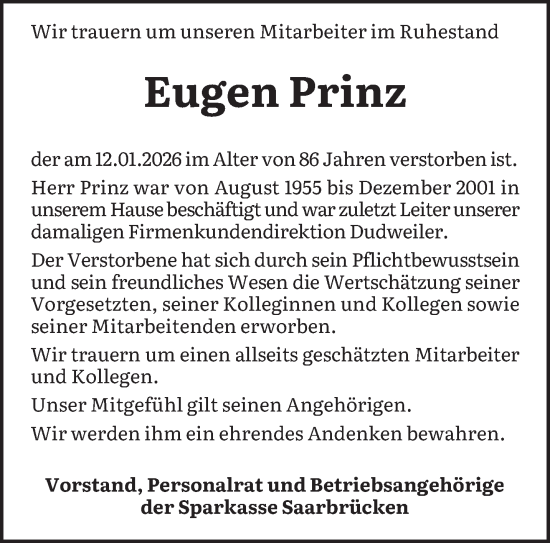 Traueranzeige von Eugen Prinz von saarbruecker_zeitung