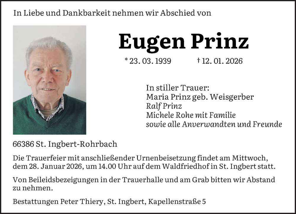  Traueranzeige für Eugen Prinz vom 17.01.2026 aus saarbruecker_zeitung
