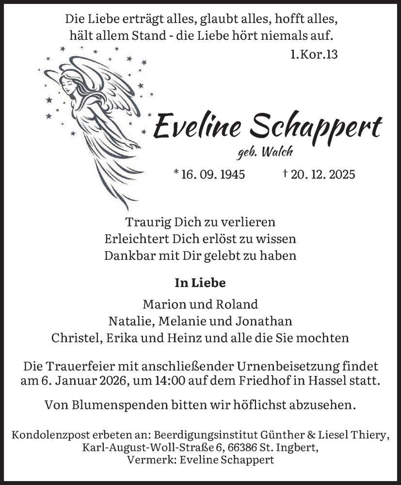  Traueranzeige für Eveline Schappert vom 03.01.2026 aus saarbruecker_zeitung