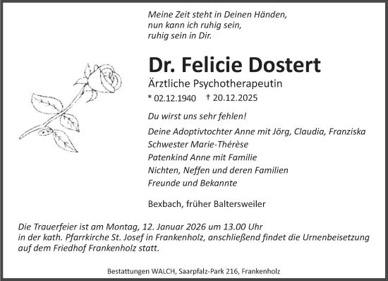 Traueranzeige von Felicie Dostert von saarbruecker_zeitung