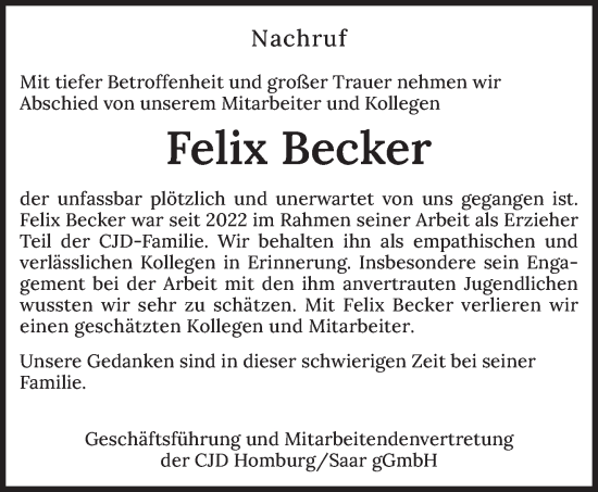 Traueranzeige von Felix Becker von saarbruecker_zeitung