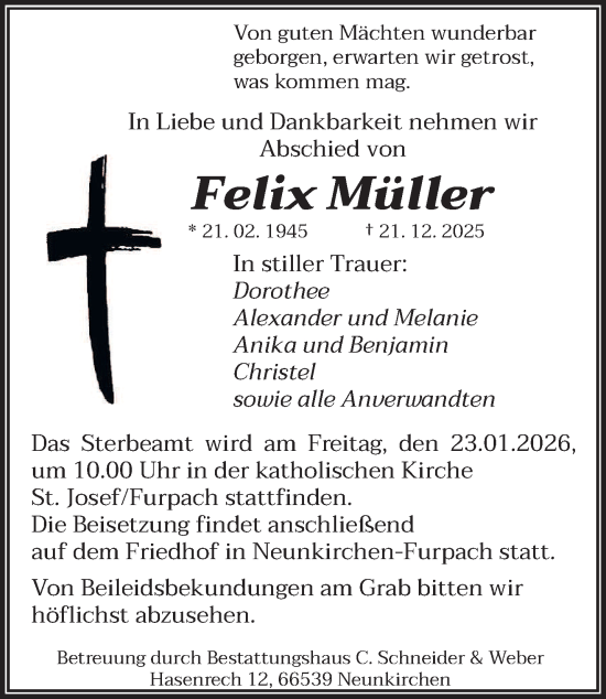 Traueranzeige von Felix Müller von saarbruecker_zeitung