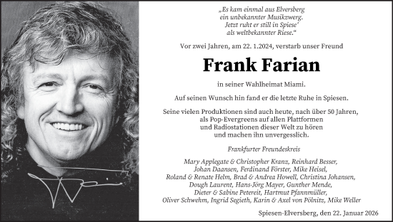 Traueranzeige von Frank Farian von saarbruecker_zeitung