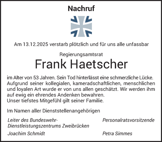 Traueranzeige von Frank Haetscher von saarbruecker_zeitung