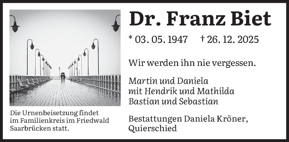  Traueranzeige für Franz Biet vom 03.01.2026 aus saarbruecker_zeitung