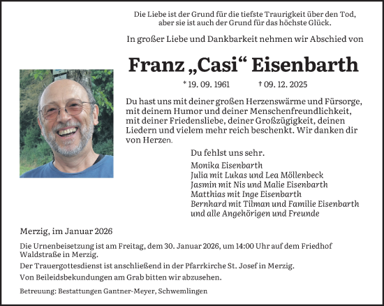Traueranzeige von Franz Eisenbarth von saarbruecker_zeitung