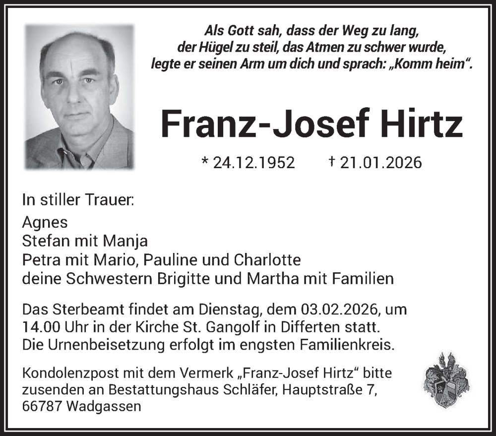  Traueranzeige für Franz-Josef Hirtz vom 31.01.2026 aus saarbruecker_zeitung