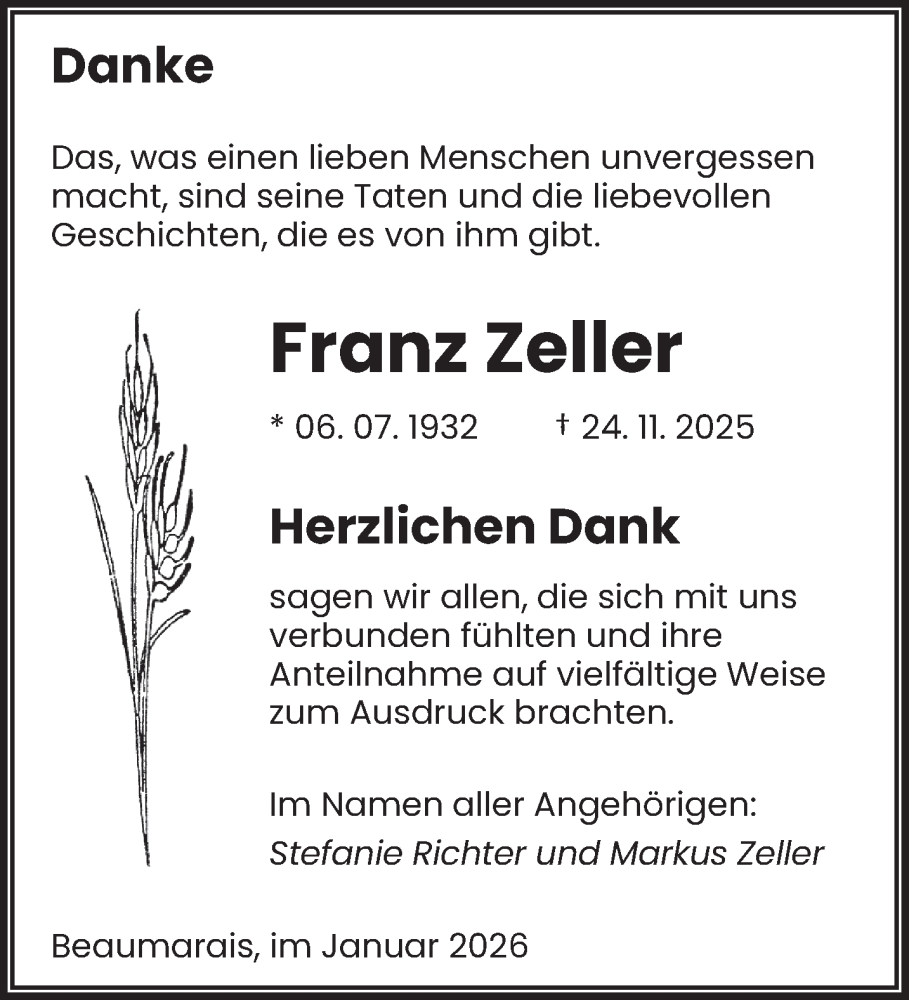  Traueranzeige für Franz Zeller vom 10.01.2026 aus saarbruecker_zeitung