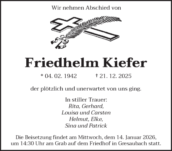 Traueranzeige von Friedhelm Kiefer von saarbruecker_zeitung