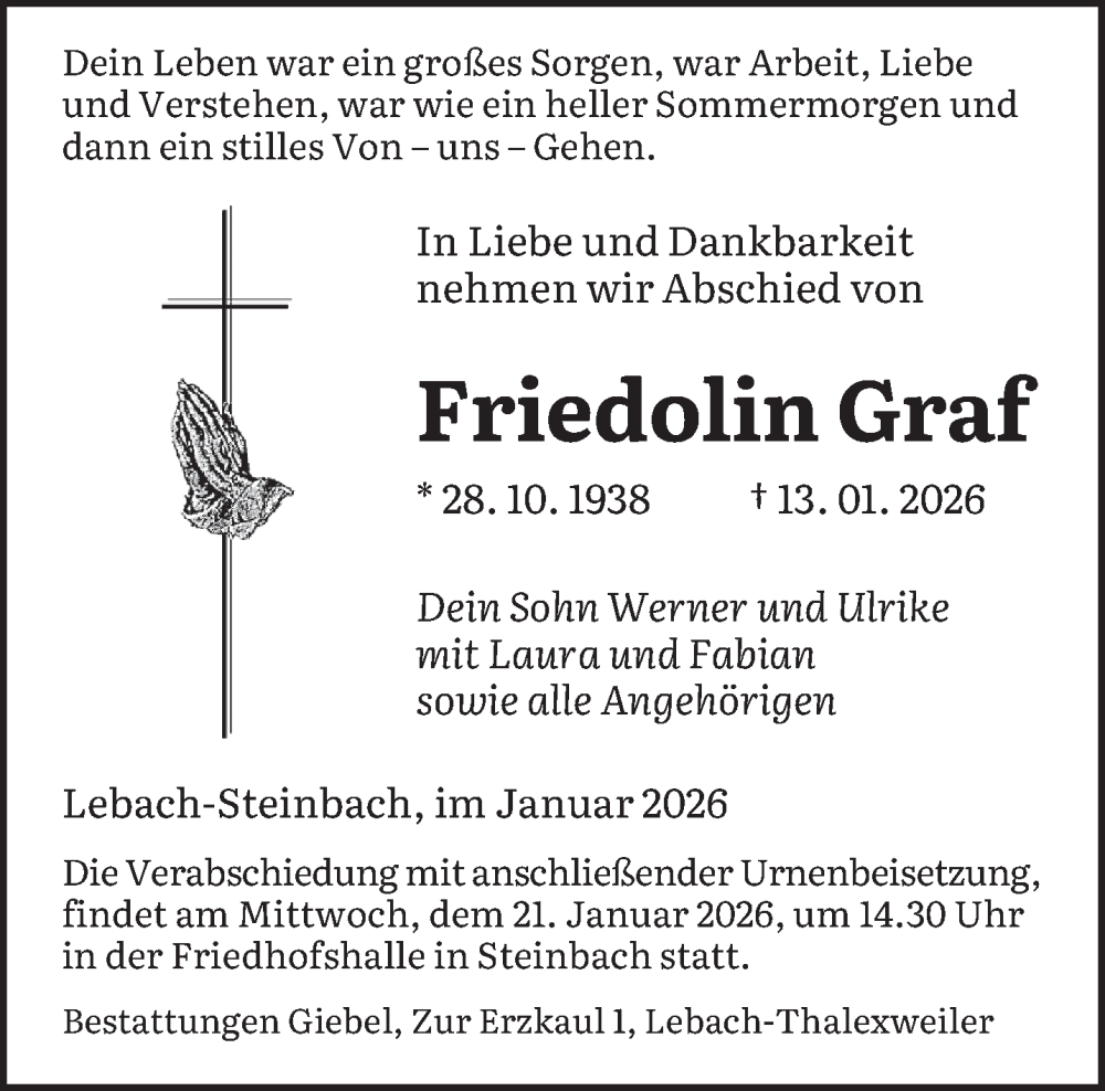  Traueranzeige für Friedolin Graf vom 17.01.2026 aus saarbruecker_zeitung